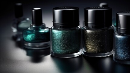 Glittering Nail Polish Bottles Dark Background Display