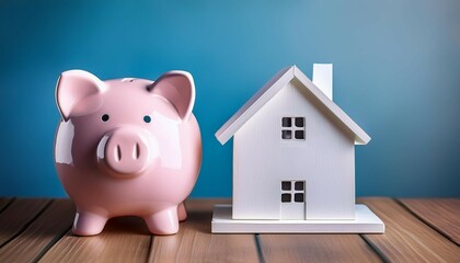 a pink piggy bank sits on a wooden surface next to a white house concept of financial responsibility and the importance of saving money