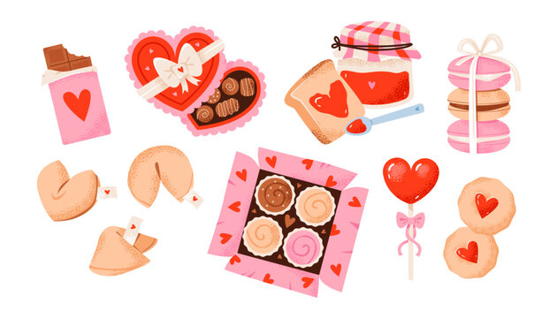 Valentine’s Day sweets, chocolates, candies and fortune cookies. Festive  romantic treats. A vibrant flat vector illustration set.