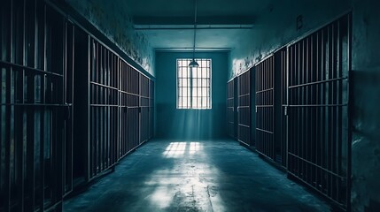 Empty Prison Cells, Dark and Gloomy. Concept of Incarceration, Justice, and Crime.