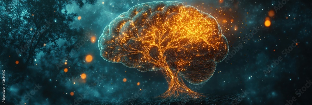 Fototapete a brain morphs into a glowing tree, with neural branches and roots symbolizing knowledge, flourishin