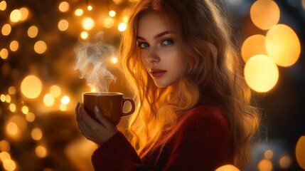 Atmospheric night photography, soft feminine portrait, steaming cup detail, blurred light circles backdrop, warm color palette, glamour beauty style, dream-like quality
