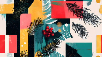 Abstract Collage Featuring Pine Branches Berries and Geometric Shapes