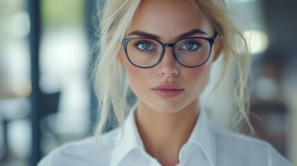Closeup portrait of successful manager business analytic blonde lady wearing formal white shirt and eyeglasses at office background