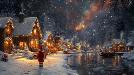 Santa Claus watches a sleigh ride through a snowy Christmas village