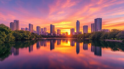 Fototapeta premium stunning sunset over city skyline reflecting on water
