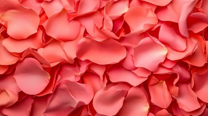 Fototapeta premium The image shows a close-up view of numerous coral-colored rose petals, creating a textured and romantic background.