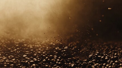 Slow motion coffee beans capture, aromatic steam wisps, organic textile texture, rich sepia atmosphere, dramatic side illumination, artisanal coffee aesthetic, panoramic composition, high-end