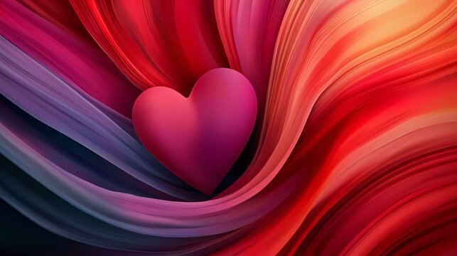 The image contains a pink heart nestled within a swirling vortex of red, orange, and purple hues.A vibrant, abstract composition features a three-dimensional pink heart set against a backdrop of dyna