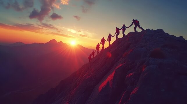 Panoramic view of team of people holding hands and helping each other reach the mountain top in spectacular mountain sunset landscape