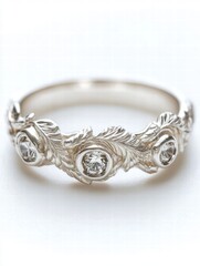 A silver ring with three leaves and three diamonds