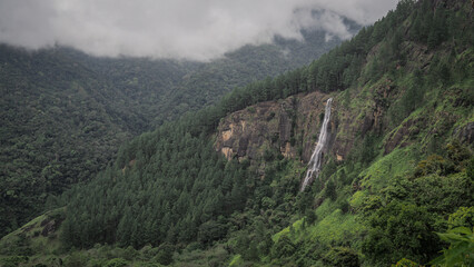 The view of a waterfall in Central Highlands of Sri Lanka