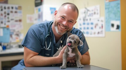 Cheerful Veterinarian Gently Holding Puppy in Veterinary Clinic