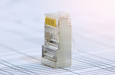 Rj45 connector for connecting a twisted pair cable. Data transmission over Ethernet. Soft focus....