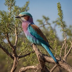 Fototapeta premium A lilac-breasted roller perched on a dry acacia tree.