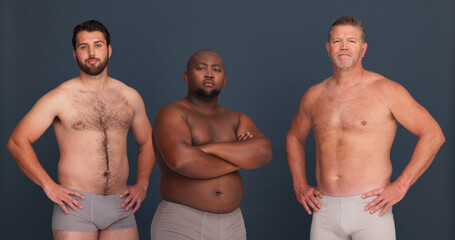 Portrait, body positivity and confident men in underwear with support, inclusion and unique...