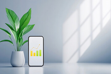 Mobile device displaying growth chart alongside potted plant in bright, minimalist workspace
