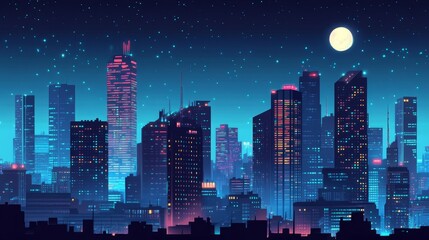 Obraz premium Night City Skyline with Illuminated Skyscrapers and Moonlight Glow