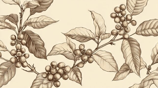seamless pattern of coffee plant illustrations, sepia-toned botanical drawings, coffee berries and leaves, delicate line art, vintage etching style, light beige background, hand-drawn nature