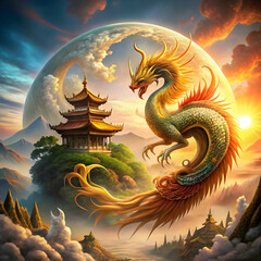 Fototapeta premium A stunning scene of a dragon and phoenix in harmony, symbolizing balance