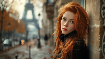 Naklejka premium Young red-haired woman leaning against a wall on a Parisian street, Eiffel Tower blurred in the background. Autumn vibes.
