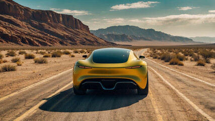 Obraz premium Sleek sports car driving on a desert road with mountains in distance