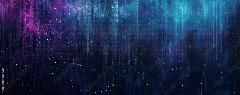 Poster dark background, vertical lines of blue and purple light with digital glitch effects, creating an ab