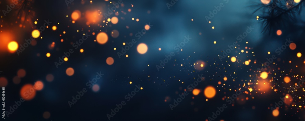 Poster dark blue background with glowing lights and bokeh, creating an atmosphere of mystery and magic.