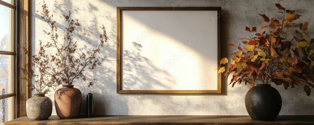 Poster empty frame with autumnal composition