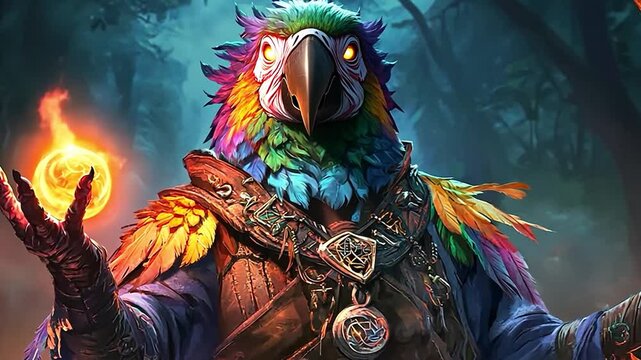 Enchanted Parrot Wizard Casting Fireball Magic in a Mystical Forest