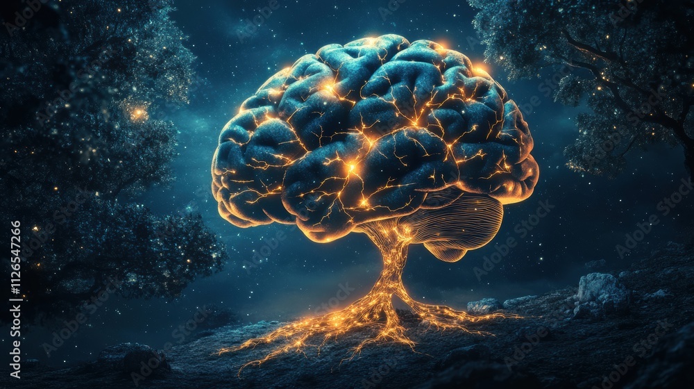 Poster a brain morphs into a tree with luminous branches and roots, representing the interconnection of kno