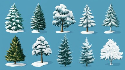 Christmas trees set,pines for greeting card,Collection of Christmas trees in flat design for greeting cards,invitations, banner,New Year and xmas traditional,Winter holiday.
