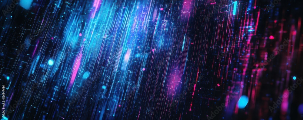 Poster dark background, vertical lines of blue and purple light with digital glitch effects, creating an ab