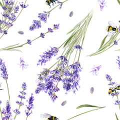 Fototapeta premium Floral seamless pattern with lavender, lavender flowers on white background