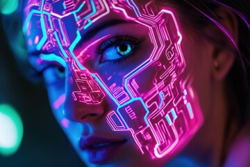 futuristic portrait with neon circuit patterns on face
