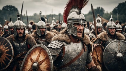 Warriors in armor prepare for battle during a historical reenactment