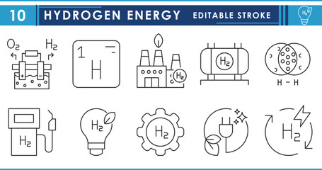 A set of line icons related to Hydrogen energy. Electrolysis, green industry, fuel, clean energy, and so on. Vector editable stroke.