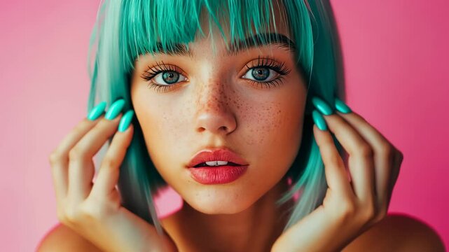 Beautiful caucasian teenager girl with turquoise hair and nails looking on camera with pink background - Diversity and young woman concept - Model by AI generative