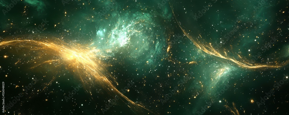 Poster dark green and gold background with a digital space filled with glowing particles, stars and a flowi