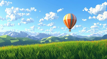 Fototapeta premium Low-poly hot air balloon soaring over scenic mountain landscape and green field under a bright summer sky.