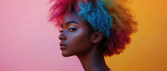 Fototapeta premium vibrant portrait of a person with colorful hair against a gradient background