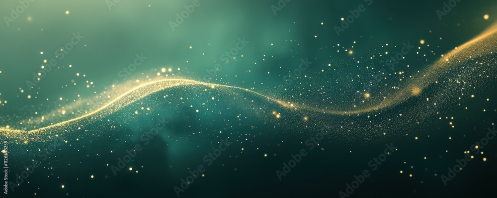 Poster dark green and gold background with a digital space filled with glowing particles, stars and a flowi