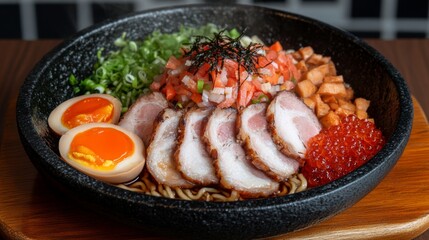 Delicious ramen bowl with eggs, meat, and vegetables, steaming hot, showcasing Japanese cuisine, food photography, and restaurant menu design.