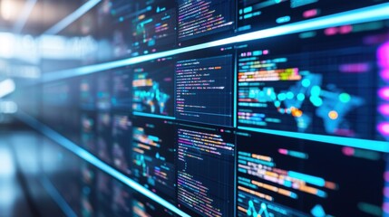 Fototapeta premium A closeup of sleek modern computer screens displaying complex data and algorithms showcasing the use of tingedge technology.