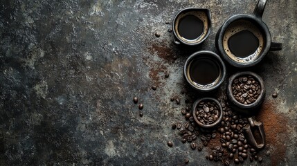 culinary art composition, espresso bubble patterns, scattered coffee elements, dark stoneware collection, tarnished silver accent, dramatic shadows, rustic metal backdrop, professional product