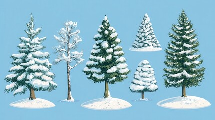 Obraz premium Christmas trees set,pines for greeting card,Collection of Christmas trees in flat design for greeting cards,invitations, banner,New Year and xmas traditional,Winter holiday.