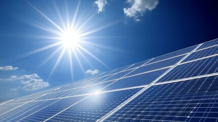 Bright Solar Panels Under Clear Sky and Intense Sunlight