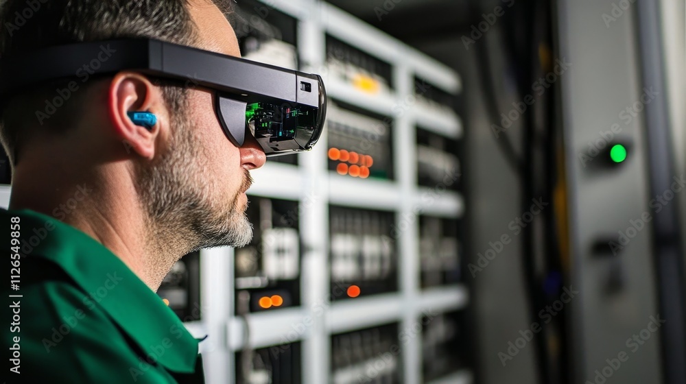 Poster technician using augmented reality glasses for advanced operations