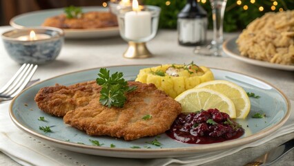 Decadent Wiener Schnitzel Served with Lemon and Lingonberry Sauce