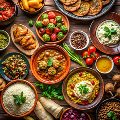 A beautifully arranged table showcases a variety of traditional dishes from different cultures